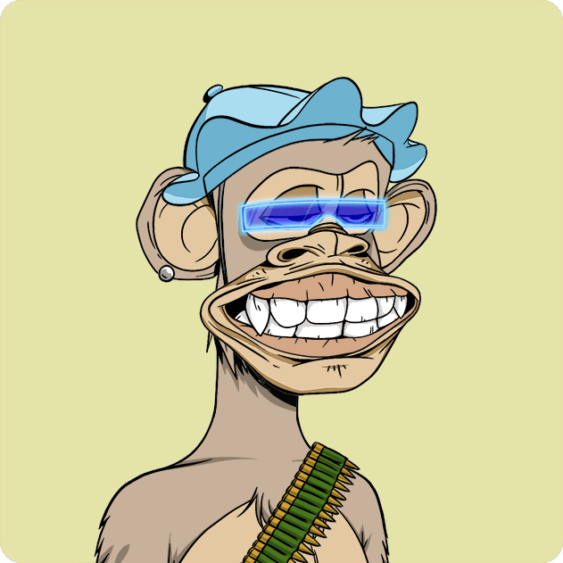 The image features a cartoon monkey wearing glasses, a hat, and carrying a gun. The monkey appears to be smiling and has a happy expression. The background of the image is yellow, which contrasts with the blue sky visible through the monkey's eyes. There are no other objects or texts in the image besides the monkey and its surroundings.