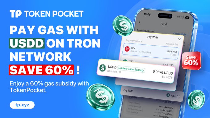 An advertisement for Token Pocket featuring a smartphone interface, with text reading 'TP TOKEN POCKET PAY GAS WITH USDD ON TRON NETWORK SAVE 60%! Enjoy a 60% gas subsidy with TokenPocket.' and the URL 'tp.xyz'.