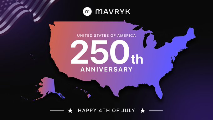 A Mavryk-branded graphic celebrating the United States of America's 250th anniversary, featuring a gradient-colored map of the USA and the text 'Happy 4th of July'.