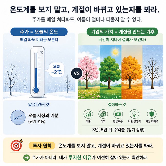 An infographic in Korean explaining investment principles, suggesting investors check the thermometer before checking the seasons, and comparing the difficulty of timing market performance against seasonal changes.