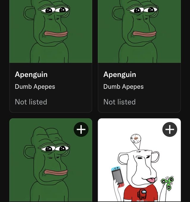 Four tiles display the "Apenguin" (Dumb Apepes) NFT collection, with three showing the classic green ape character and a fourth rarer tile featuring a white ape variant holding a Nintendo Switch and fidget spinner, suggesting someone shared their collection pulls after minting.