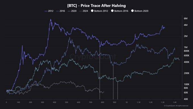 The image is a line chart titled "[BTC] - Price Trace After Halving," comparing Bitcoin's price trajectory (in logarithmic scale from 40K to 6M) over approximately 1,400 days following each of the four halvings (2012, 2016, 2020, 2024), with vertical markers indicating the bottom days at 778 for 2012, 814 for 2016, and around 900 for 2020, illustrating how the post-halving bottom formation timing has shifted across cycles.