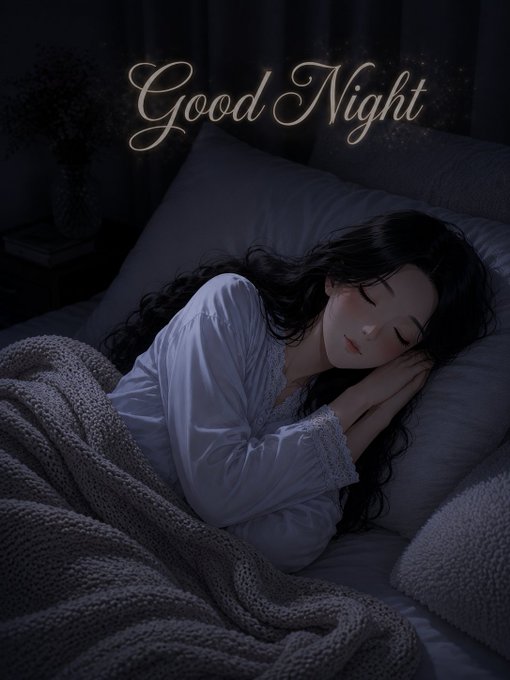 A digital illustration of a woman with long dark hair peacefully sleeping in bed, wearing a light blue nightgown and covered by a chunky knit blanket, with glowing 'Good Night' text above her.