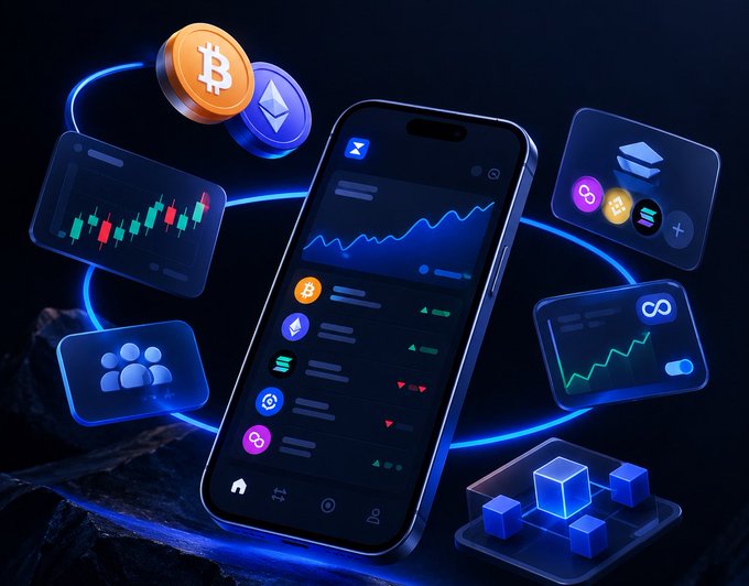 A smartphone displays the Zerion app interface with various crypto assets and trading charts, surrounded by floating panels showing Bitcoin and Ethereum icons, candlestick graphs, tokenized assets, and a portfolio list—all illustrating how it brings tokens, perps, and tokenized assets together in one wallet experience.