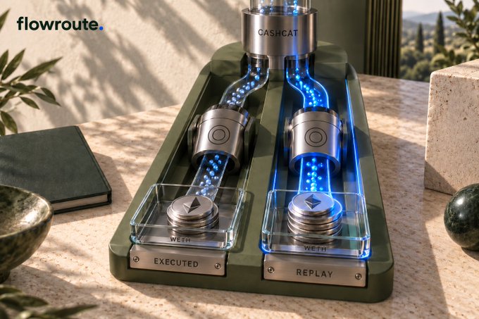 A product image shows a device labeled 'CASHCAT' with two glass tubes labeled 'EXECUTED' and 'REPLAY' containing glowing blue beads, with the 'flowroute.' logo in the corner.