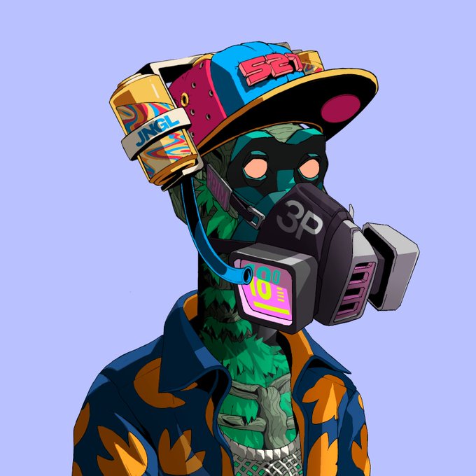 An illustration of a green skeletal character wearing a gas mask, colorful cap with '521', and a blue and orange shirt with flame patterns.