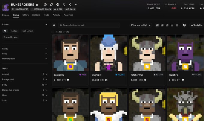 The Runebrokers NFT marketplace interface shows a collection of pixel-art character portraits for sale, including items like "banker 02" and "mystic irl" with prices listed in ETH.