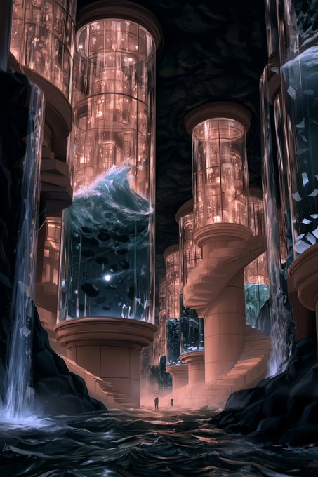 A surreal cavernous scene depicts towering glass cylindrical chambers housing churning blue waves and miniature cityscapes, connected by spiral staircases as small figures stand amid misty waters below. The dreamlike artwork, with its blend of architecture, ocean, and warm amber lighting, evokes a sense of wanderlust and discovery—aligning with the post's theme of art traveling and being found across distant, imagined worlds.
