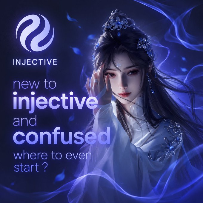 The image features an illustration of a woman with long hair wearing a white dress, holding her hand up to her face as if she's looking at someone or something. The background of the image is dark blue, which contrasts with the white elements on the woman's dress and the text in the post. The post is titled "Injective" and contains a question about where to even start an injective wallet app.