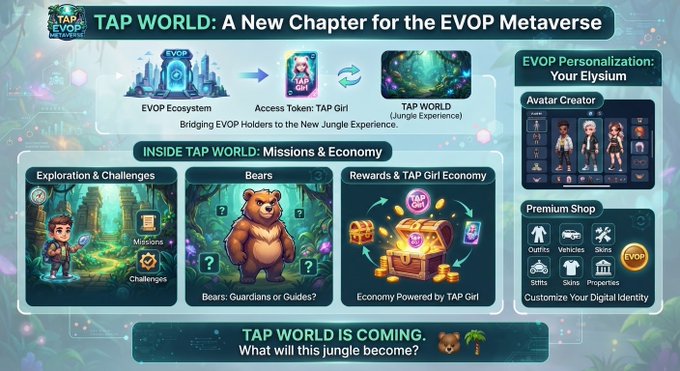 A promotional infographic titled 'TAP WORLD: A New Chapter for the EVOP Metaverse' featuring sections on 'EVOP Ecosystem,' 'INSIDE TAP WORLD: Missions & Economy,' and 'EVOP Personalization: Your Elysium,' with the text 'TAP WORLD IS COMING. What will this jungle become?'