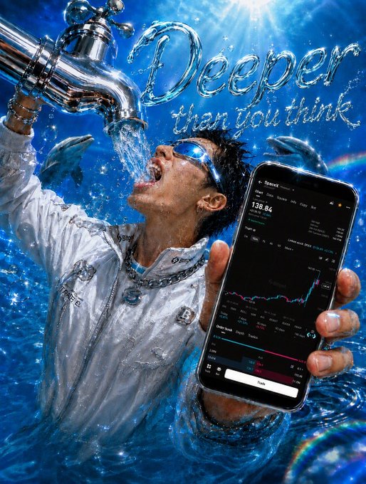Dramatic underwater-style image showing a person drinking from a faucet with dolphins around, holding a smartphone displaying a StoxX app stock chart showing 138.84, with the text "Deeper than you think" in water-like lettering.