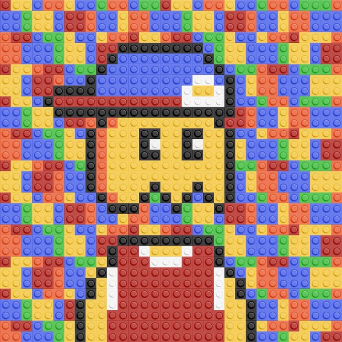 A pixel art style portrait of a smiling figure wearing a blue cap and red shirt, constructed from colorful building blocks.