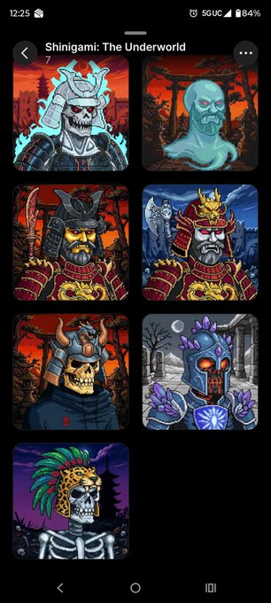 A smartphone screen showing a gallery titled 'Shinigami: The Underworld' featuring illustrations of various armored samurai and skull characters.