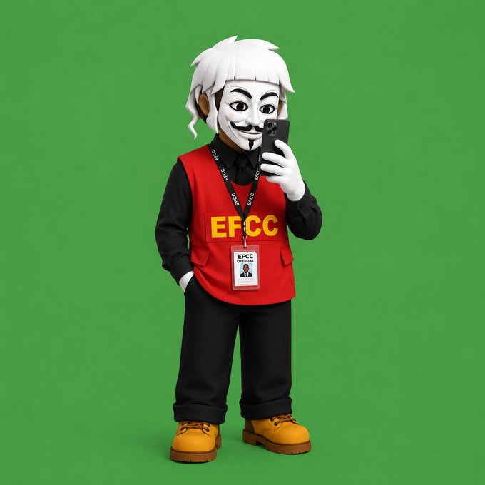 A 3D-rendered character wearing a white mask and a red 'EFCC' vest holding a smartphone against a green background.