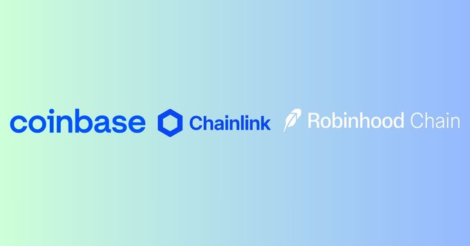 A light blue gradient banner displaying three company logos side by side: 'coinbase' in blue, 'Chainlink' with its hexagon icon, and 'Robinhood Chain' with its feather icon.