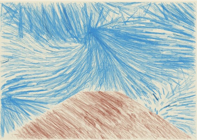 An abstract drawing or sketch in blue and reddish-brown ink showing a burst-like radiating pattern emerging from a triangular or mountain-like shape.