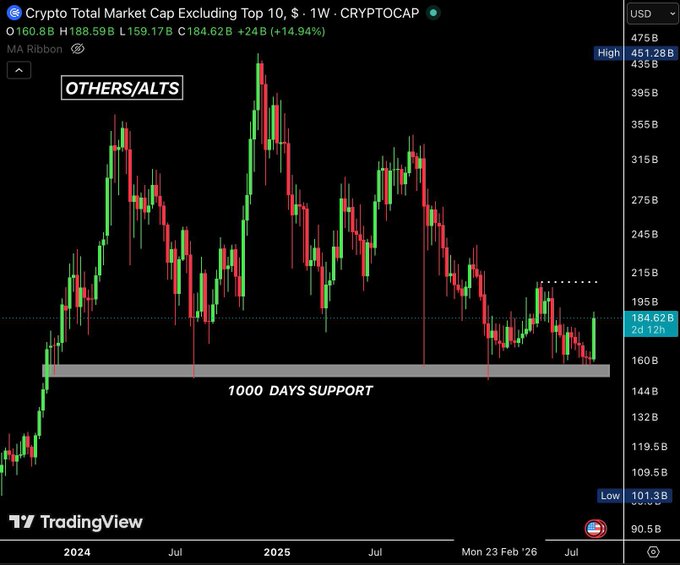 TradingView chart of 'Crypto Total Market Cap Excluding Top 10' (CRYPTOCAP) showing OTHERS/ALTS at 160.8B with a 14.94% weekly gain, highlighting a '1000 Days Support' level on a weekly timeframe.