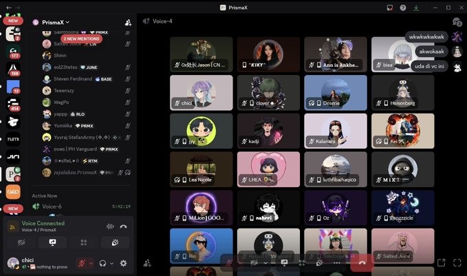 Discord interface showing the PrismaX server with Voice-4 channel active, displaying a grid of user avatars with anime profile pictures and a sidebar showing server members.