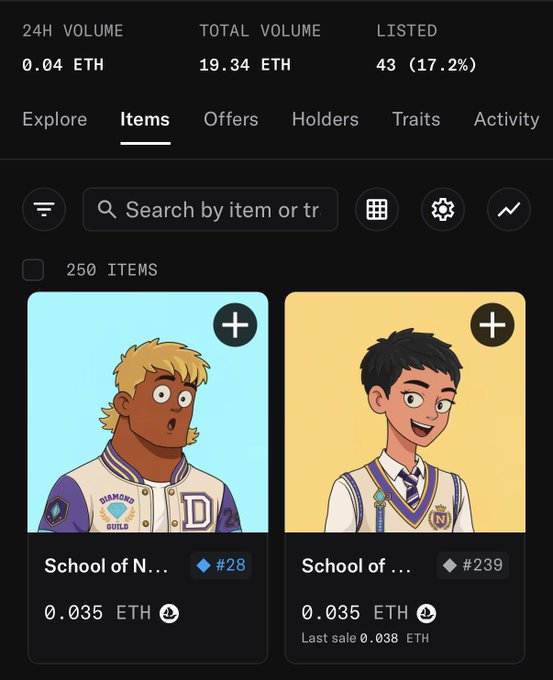A mobile NFT marketplace interface displaying two 'School of...' character collectibles priced at 0.035 ETH each, with total volume at 19.34 ETH.