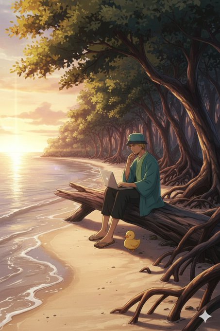 An anime-style illustration shows a person in a green jacket and hat sitting on a log by the beach, working on a laptop at sunset.