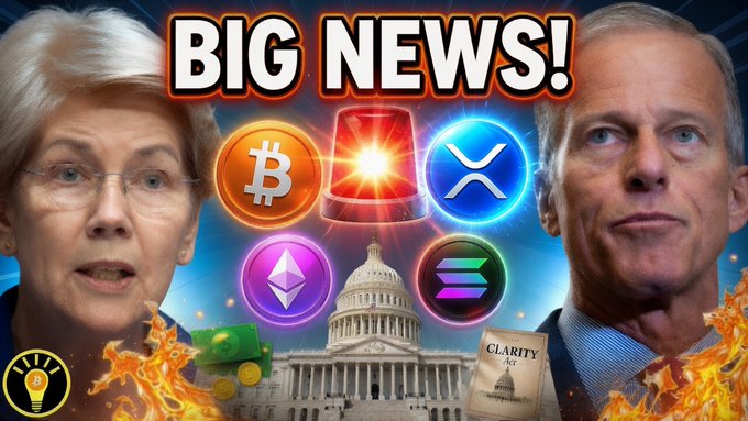 A YouTube thumbnail featuring Senator Elizabeth Warren and Senator Thom Tillis flanking crypto logos (Bitcoin, XRP, Ethereum, Solana) and the U.S. Capitol, with "BIG NEWS!" in bold text, a document labeled "CLARITY ACT," and flames—promoting a video about the potential passage of the Clarity Act and a major Mastercard stablecoin announcement.