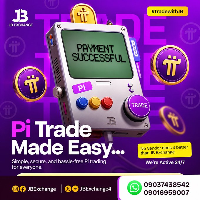 A purple promotional graphic for 'JB Exchange' featuring a 3D handheld gaming device displaying 'PAYMENT SUCCESSFUL', with the text 'Pi Trade Made Easy' and contact numbers.