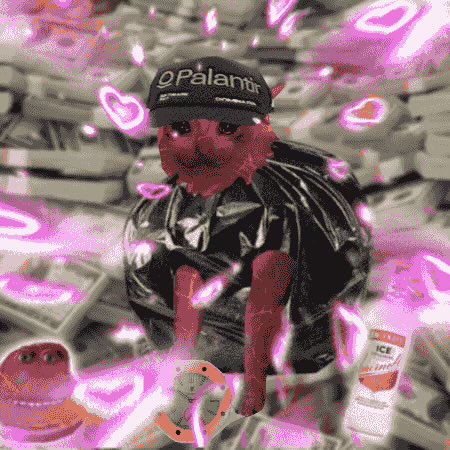 A pink cartoon cat wearing a "Palantir" cap sits atop stacks of cash surrounded by glowing pink hearts, with an ICE drink and another pink cat in the corner—visually celebrating cashcats' success and mocking the copycats and skeptics mentioned in the caption.