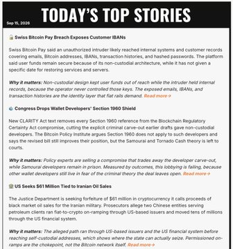 A news article titled 'TODAY'S TOP STORIES' from Sep 10, 2024, featuring headlines about a Swiss Bitcoin Pay breach affecting BBA, Congress dropping wallet developers' 'Section 1960 Shield', and the US Justice Department seeking to seize $61 million tied to Iranian oil sales.