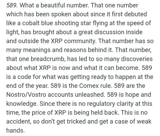 The image displays a text excerpt titled "589," discussing the significance of the number within the XRP community—linking it to the Comex rule, Nostro/Vostro accounts, and suggesting that XRP's price is being suppressed due to a lack of regulatory clarity. The accompanying post reinforces this by emphasizing that the lack of regulatory clarity is intentionally holding back XRP's price.
