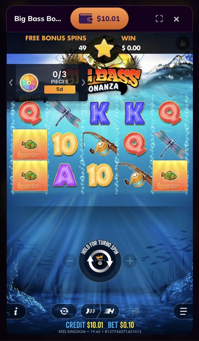 A screenshot of a 'Big Bass Bonanza' online slot game showing an underwater scene with fish and card symbols, displaying $10.01 credit and a 'HOLD FOR TURBO SPIN' button.