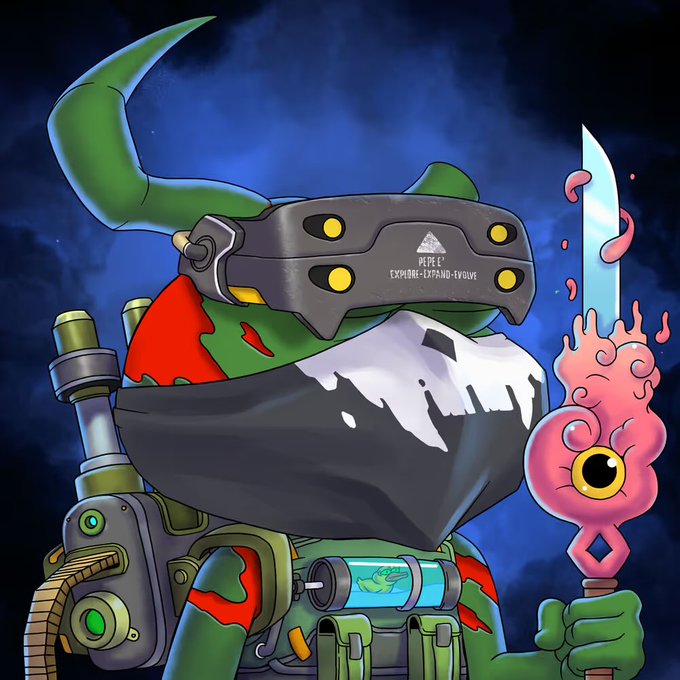 A digital illustration of a cyborg frog-like ninja character wearing tactical goggles and a mask, wielding a pink flaming sword with an eye motif.