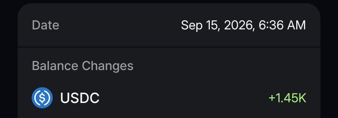 A dark-mode balance change notification dated Sep 15, 2026, 6:36 AM shows a USDC credit of +1.45K.