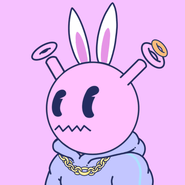 A cartoon illustration of a pink round character with bunny ears, a worried expression showing teeth, two antenna-like protrusions with halo/ring shapes, wearing a light blue hoodie and a gold chain, against a pink background.