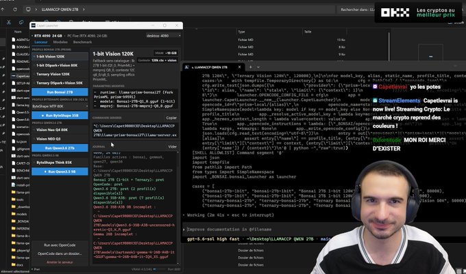 A man with headphones sits in front of a computer screen displaying code and terminal windows related to "LLAMACPP OWEN 27B" and "1-bit Vision 120K," illustrating the local AI discussion mentioned in the live stream announcement. The scene captures the technical setup for showcasing cryptocurrency, AI, and gaming content.