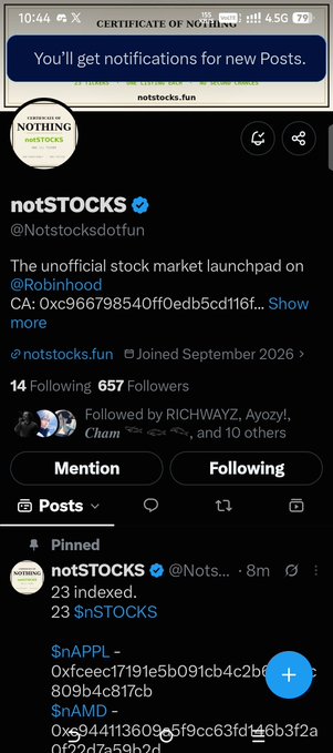A Twitter/X profile page for 'notSTOCKS' (@Notstocksdotfun) describes it as 'The unofficial stock market launchpad on @Robinhood,' listing tickers like $nAPPL and $nAMD with their contract addresses.
