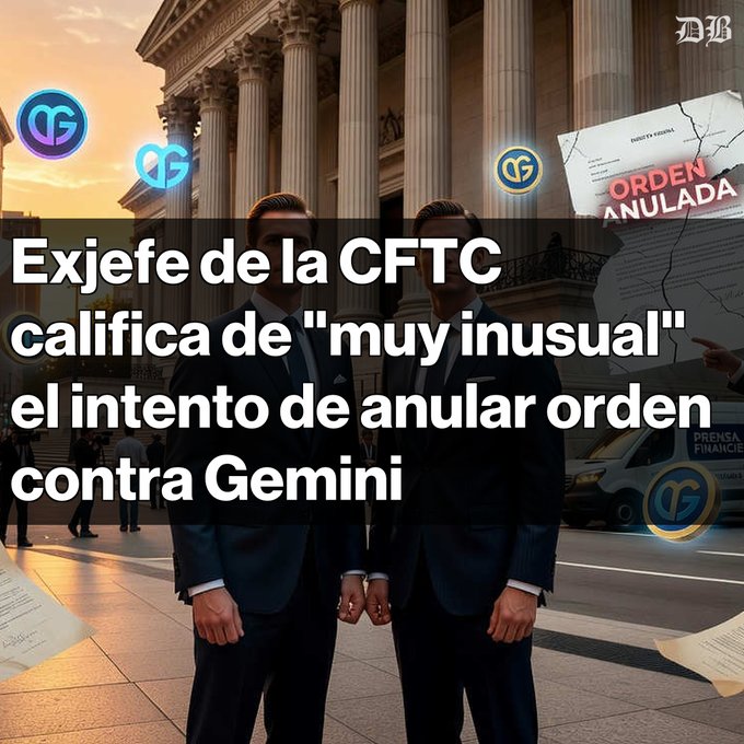 The image features two men dressed in suits standing next to each other, with a building visible behind them. The text in the image reads "Exjeefde de la CFTC califica de 'muy inusual' el intento del regulador de anular una orden contra Gemini Trustee". This post is about a man named Exjefe De La CFTC, who has been sued by another person. The text also mentions that the case is being handled by the IRS and that it involves a tax evasion scheme.