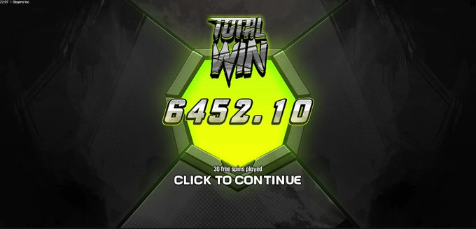 !!! Total Win!!! 6452.10 is displayed on a black background with a green hexagon and the word "Total" above it, accompanied by a gray triangle.