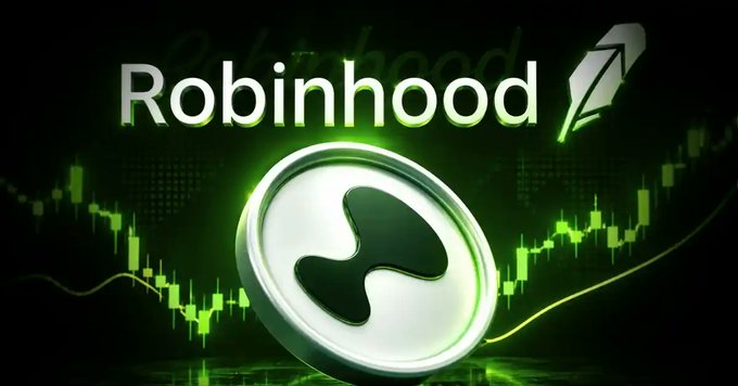 A stylized 3D graphic of a glowing green Robinhood coin featuring the company's feather logo, set against a background of green stock market candlestick charts.