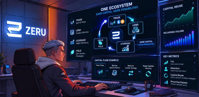 An illustrated promotional graphic for "ZERU" showing a futuristic trader at multiple monitors displaying "ONE ECOSYSTEM SAME CAPITAL. MORE POSSIBILITIES" with features including Trade (Spot & Perps), Lend (Supply & Borrow), Leverage (Higher Efficiency), and Yield (Earn Across Strategies). Charts on the right show Capital Reuse and Recurring Volume metrics.