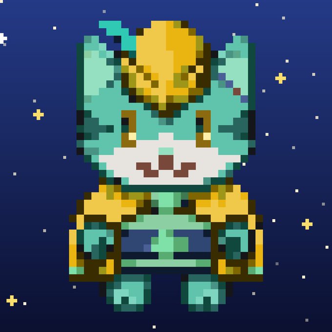 Pixel art of a teal-colored cat-like character wearing a yellow/gold space suit, standing against a starry dark blue background.