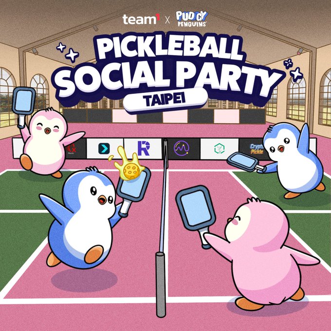 Promotional graphic for the 'PICKLEBALL SOCIAL PARTY TAIPEI' featuring cute PUDGY PENGUINS characters playing pickleball, with team i x PUDGY PENGUINS branding at the top.