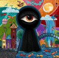 Surreal digital artwork of a hooded figure with a single large eye standing before a colorful fantasy landscape with houses and waterfalls.