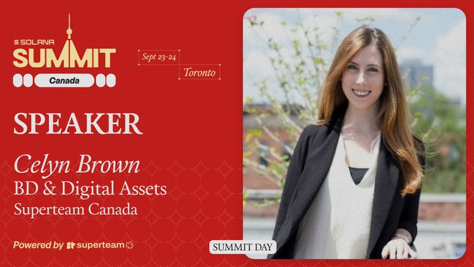 A promotional graphic for the Solana Summit Canada (Sept 23-24, Toronto) featuring speaker Celyn Brown, BD & Digital Assets at Superteam Canada, alongside her photo on a red background.