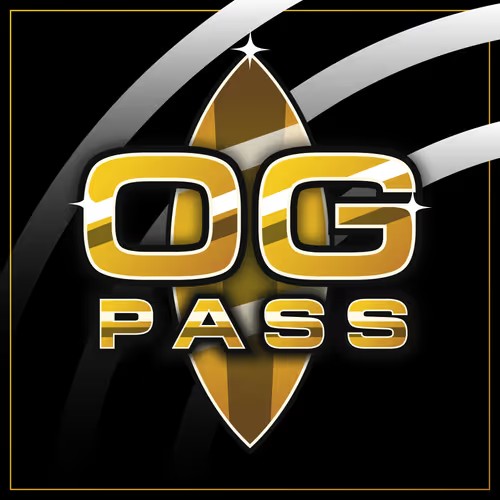 A stylized logo featuring the text "OG PASS" in bold gold metallic letters over a black background, with white streaks and a rocket-like pointed element behind the text.