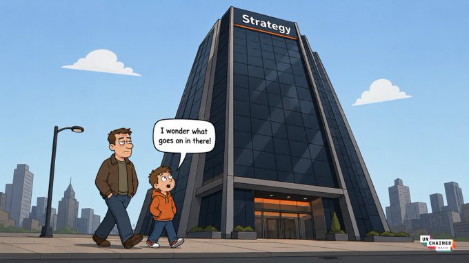 A cartoon-style image showing a father and young boy walking past a glass office building labeled 'Strategy,' with the boy asking 'I wonder what goes on in there!'