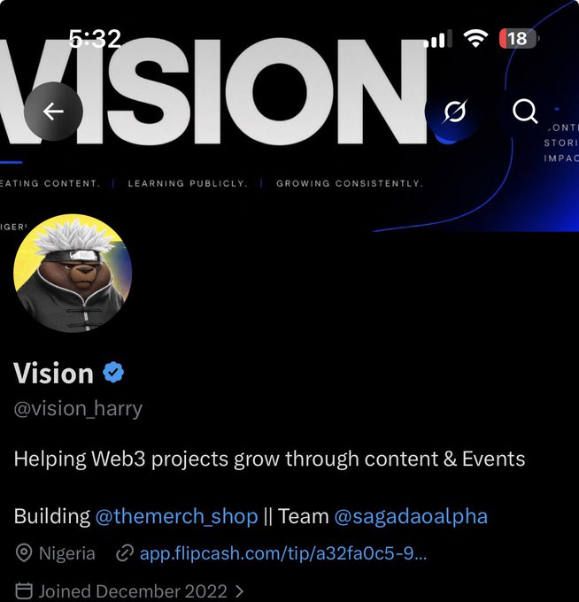 A screenshot of a Twitter/X profile for "Vision" (@vision_harry), displayed in dark mode, featuring the tagline "Helping Web3 projects grow through content & Events" and a Flipcash tip link (app.flipcash.com/tip/a32fa0c5-9...). The image illustrates the user's bio setup mentioned in the post, highlighting their newly added Flipcash Tip card link for receiving tips.