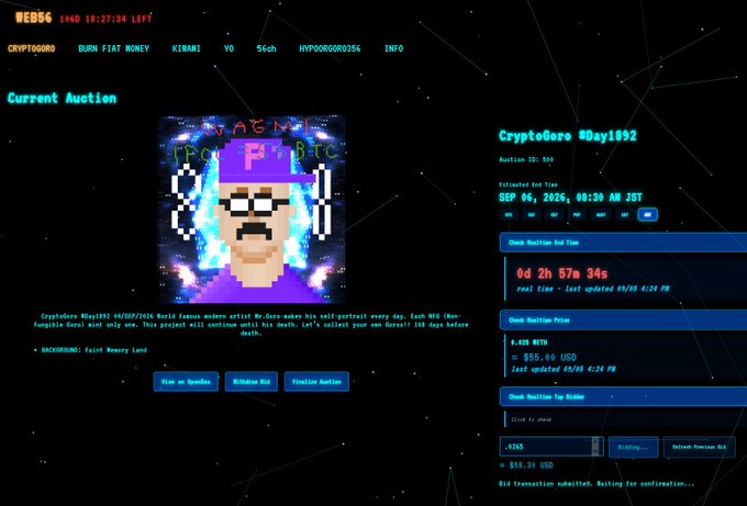 A screenshot of a crypto auction website for 'CryptoGoro #Day1052' showing a current bid of 0.245 WETH ($858.38 USD) with 0d 2h 57m 34s remaining.