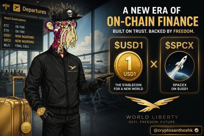 A promotional graphic for 'World Liberty' advertising 'A New Era of On-Chain Finance' with a skeleton-headed character, featuring tickers for $USD1 and $SPCX on a mock airport departures board.