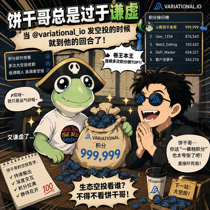 A Chinese-language promotional graphic for 'VARIATIONAL.IO' featuring a cartoon frog in a pirate hat and a person in sunglasses, with a leaderboard showing '小熊饼干老师' at the top with 999,999 points and a speech bubble reading '连续多次积分榜TOP!!'.