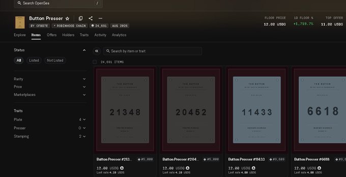 A screenshot of OpenSea showing the "Button Presser" NFT collection with a floor price of 12.00 USDC, featuring individual listings like "Button Presser #213" and #204 priced at 25.000 USDC, which are notably above the recently dropped floor price referenced in the post.